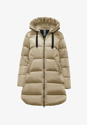 Puffer coat in light beige, featuring a hood, large quilted sections, zip closure, and black drawstrings and accents. Soft, smooth texture.