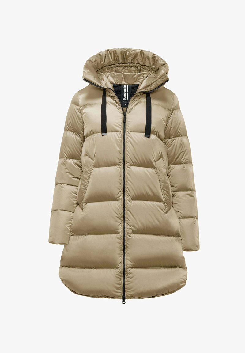 Puffer coat in light beige, featuring a hood, large quilted sections, zip closure, and black drawstrings and accents. Soft, smooth texture.
