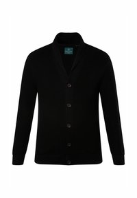 Černý cardigan s vroubkovanou strukturou, s klopovým límcem a pěti hnědými knoflíky vpředu, s přiléhavými manžetami a lemem.