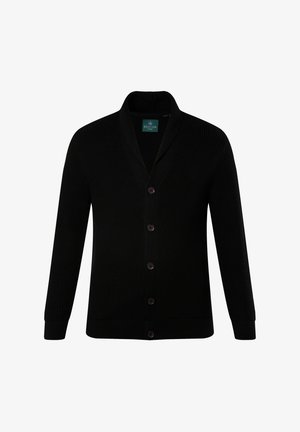 Zwarte cardigan met een geribbelde textuur, een sjaalkraag en vijf bruine knopen aan de voorkant, met aansluitende manchetten en een zoom.