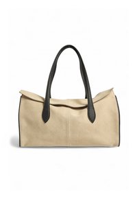 Borsa a tracolla in suede beige con spallacci in pelle nera, forma rettangolare e bordo superiore morbido ripiegato su sfondo bianco.