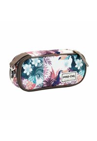 Estuche de lápices floral con cierre de cremallera, que presenta coloridos patrones tropicales, una mezcla de tonos rosa, verde y azul, y un borde marrón.