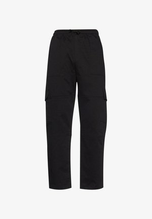 Zwarte cargobroek met een elastische tailleband, voorzien van zijzakken, rechte pijpen en een zachte stoffen textuur.