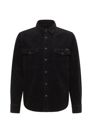 Schwarzes Cordhemd mit langen Ärmeln, durchgeknöpft, zwei Brusttaschen und strukturierter Stoff. Verfügt über einen klassischen Kragen und tonale Knöpfe.