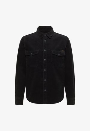 Schwarzes Cordhemd mit langen Ärmeln, durchgeknöpft, zwei Brusttaschen und strukturierter Stoff. Verfügt über einen klassischen Kragen und tonale Knöpfe.