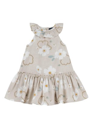 Robe beige sans manches pour tout-petit avec imprimé floral blanc et jaune, col à volants et ourlet froncé à volants.
