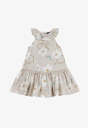 Robe beige sans manches pour tout-petit avec imprimé floral blanc et jaune, col à volants et ourlet froncé à volants.