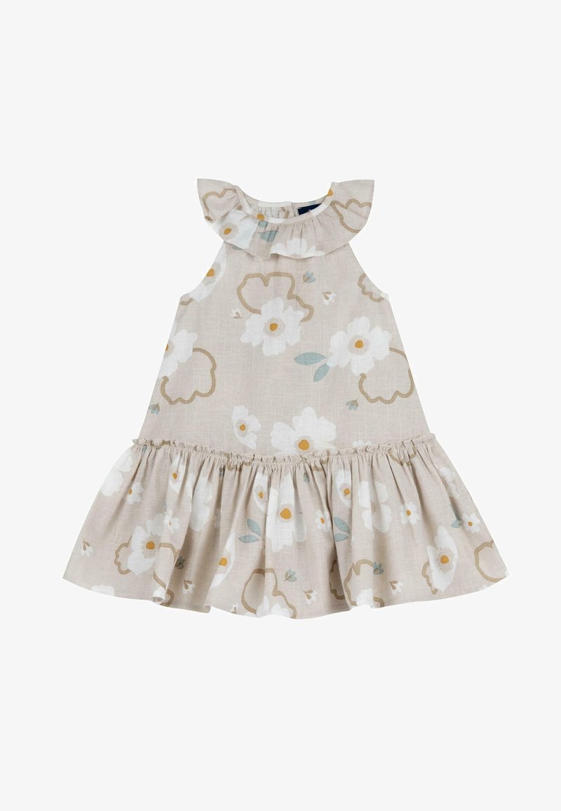 Robe beige sans manches pour tout-petit avec imprimé floral blanc et jaune, col à volants et ourlet froncé à volants.