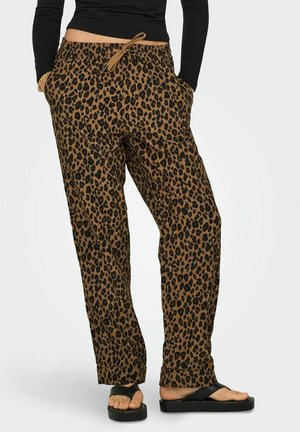 Luipaardprintbroek in bruin en zwart, met een elastische tailleband met strik, zijzakken en een comfortabele pasvorm.
