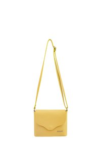 Borsa a tracolla gialla in pelle con finitura testurizzata, chiusura a pattina e tracolla regolabile, caratterizzata da un logo discreto sul davanti.