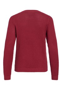 Κόκκινο πλεκτό πουλόβερ με μακριά μανίκια και ριμπ μανσέτες, τελείωμα και λαιμόκοψη, εμφανιζόμενο από πίσω.