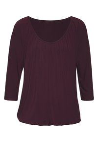 Bordo megztinis su apykakle, 3/4 ilgio rankovėmis ir susiraukšlėjimu krūtinėje; minkšta tekstūra ir laisvas sijonas.