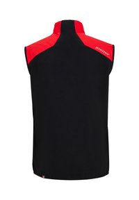 Black sleeveless vest with red accent on shoulders, high collar, elastic bottom hem, and reflective logo detail on the back.