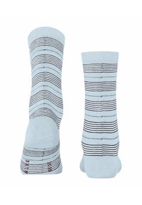 Light blue cotton socks featuring horizontal and vertical black stripes with textured accents. Ribbed cuffs and reinforced heel.