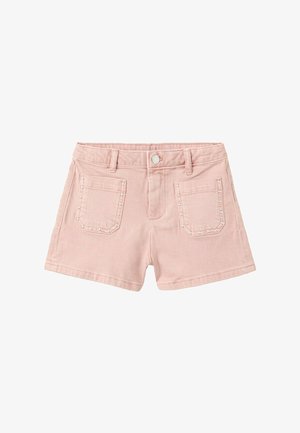 Jasnoróżowe szorty z denimu z przednimi kieszeniami obramowanymi srebrnymi ćwiekami i pojedynczym guzikiem zapięcia w talii.