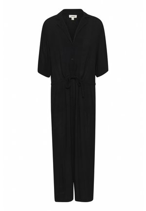 Čierny košeľový overal s krátkymi rukávmi, golierom, opaskom v páse a širokými nohavicami. Vyrobený z ľahkého materiálu. Hladká štruktúra.