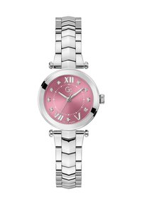Strieborné analógové hodinky s okrúhlym ciferníkom, ružovým diskom, rímskymi číslicami a kryštálovými značkami hodín. Majú kovový náramok s dizajnom reťaze.