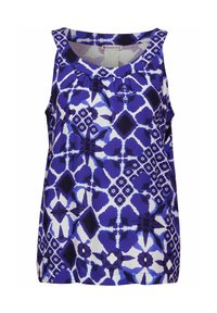 Top bez rękawów z geometrycznym wzorem w odcieniach niebieskiego i białego. Miękka tkanina z okrągłym dekoltem i marszczeniem z przodu.