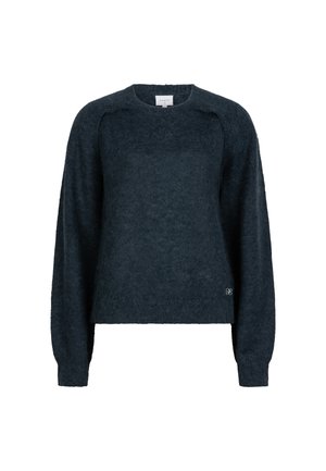 Dunkelblauer gestrickter Pullover mit weicher Textur, rundem Ausschnitt und langen Ärmeln. Verfügt über ein dezentes Logo am Saum.