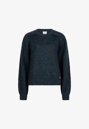 Donkerblauwe gebreide trui met een zachte textuur, ronde halslijn en lange mouwen. Heeft een subtiele logo op de zoom.