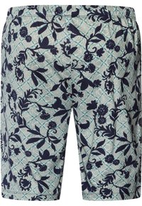 Mönstrade shorts med en ljus turkos bakgrund och mörk marinblå blommor och vinrankor. Elastisk midja, knälång klippning. Bomullsmaterial.