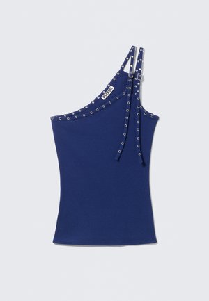 Navy blue one-shoulder sleeveless top with double straps and silver eyelet detailing along edges and straps.