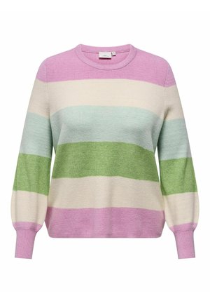 Sweter z poziomymi pastelowymi paskami w kolorze różowym, kremowym, jasnoniebieskim i zielonym, z długimi rękawami i okrągłym dekoltem.