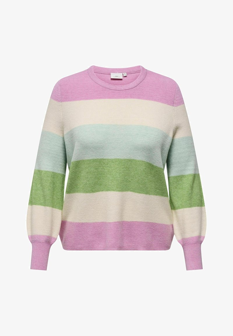 Pull avec des rayures horizontales pastel en rose, crème, bleu clair et vert, manches longues et col rond.