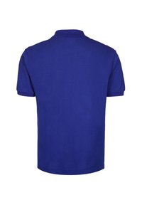 Polo bleu uni à manches courtes avec col côtelé, présenté de dos sur fond blanc.