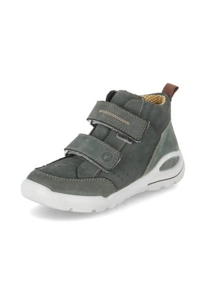 Sneaker alta grigia per bambini con due strap regolabili in velcro e suola in gomma bianca, progettata per una facile calzata.