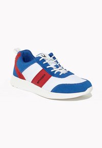 Blå och vita träningsskor med röda accenter, gjorda av mesh och mocka, mönstrad sula och snördesign. Har logotyp på sidan.