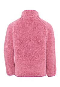 Μαλακό ροζ fleece μπουφάν με μακριά μανίκια και ψηλό γιακά, εμφανίζεται από πίσω σε λευκό φόντο.