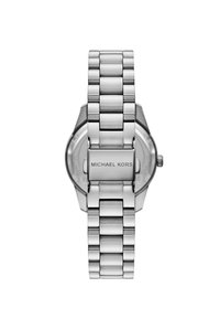 Srebrny metalowy zegarek na rękę z bransoletą o ogniwowym wzorze. Posiada okrągłą kopertę, logo Michael Kors na zapięciu oraz błyszczące wykończenie.