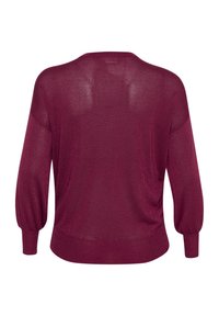 Pull en tricot bourgogne avec de longues manches bouffantes, encolure ronde et coupe ample. Tissu texturé avec un léger éclat.