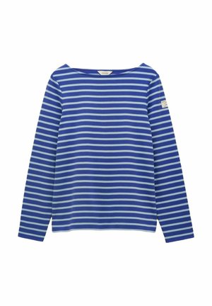 Niebieska i jasnoniebieska koszula w poziome paski z długim rękawem, okrągłym dekoltem i małą metką na lewej górnej części rękawa.