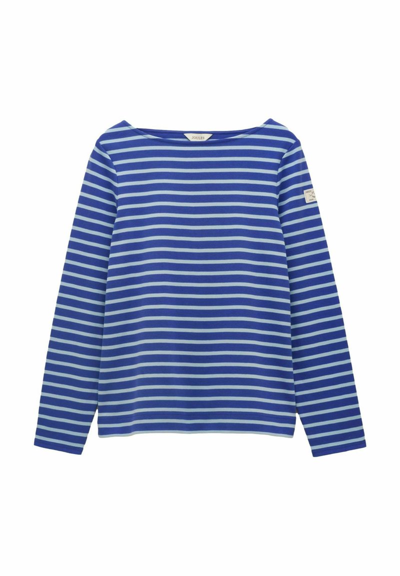 Chemise à manches longues à rayures horizontales bleues et bleu clair avec un col rond et une petite étiquette sur la partie supérieure gauche de la manche.