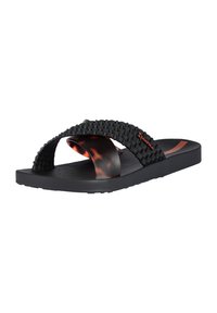 Schwarze Rutschsandalen mit geflochtenen Riemen, die eine glänzende braune Akzentuierung um den Zehensteg aufweisen, eine strukturierte Sohle und ein rotes Logodesign haben.