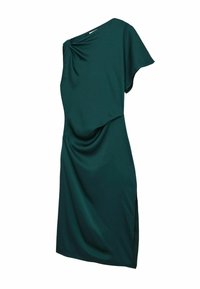 Tume roheline, ühe õlaga põlvpikkune kleit, millel on drapeeritud kangas ja väike küljes lõhik, valgel taustal.