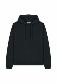 Felpa nera con cappuccio in tessuto morbido, caratterizzata da una tasca frontale, un cordino sul cappuccio e polsini e orlo in costina.