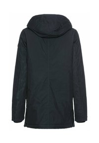 Zwarte hoodie met een gladde textuur, met een rechte snit, lange mouwen en zijsplitten voor aanpassingen. Minimalistisch ontwerp, zonder zichtbare hardware.