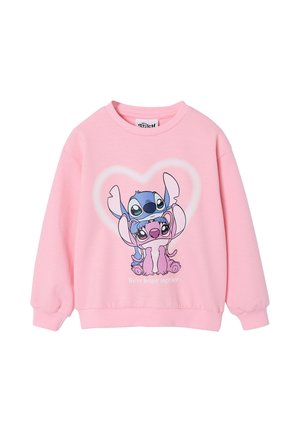 Rosa Sweatshirt mit den Cartoonfiguren Stitch und Angel übereinander gestapelt, ein weißes Herz hinter ihnen und darunter der Text "Wir sind zusammen besser".
