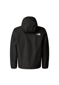 Černá nepromokavá bunda s kapucí, elastickými manžetami a stahovacím lemem. Na horní části zad je malé logo. Hladká textura.