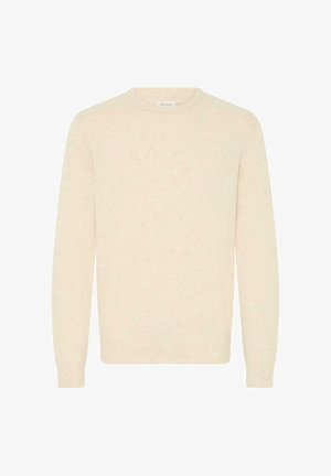Light beige sweater made from soft knit fabric, featuring a round neckline and long sleeves, with ribbed cuffs and hem.