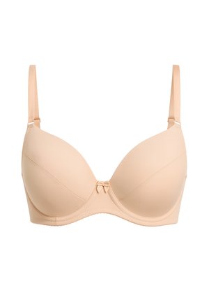 Beiger geformter Bügel-BH mit Untercup, verstellbaren dünnen Trägern und einer dekorativen Schleife in der vorderen Mitte. Glattes Gewebe mit dezenten Nähten.