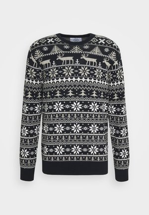 Dunkelblauer Pullover mit einem winterlichen Muster aus weißen Schneeflocken, Rentieren und Bäumen. Aus strukturiertem Strickstoff gefertigt.