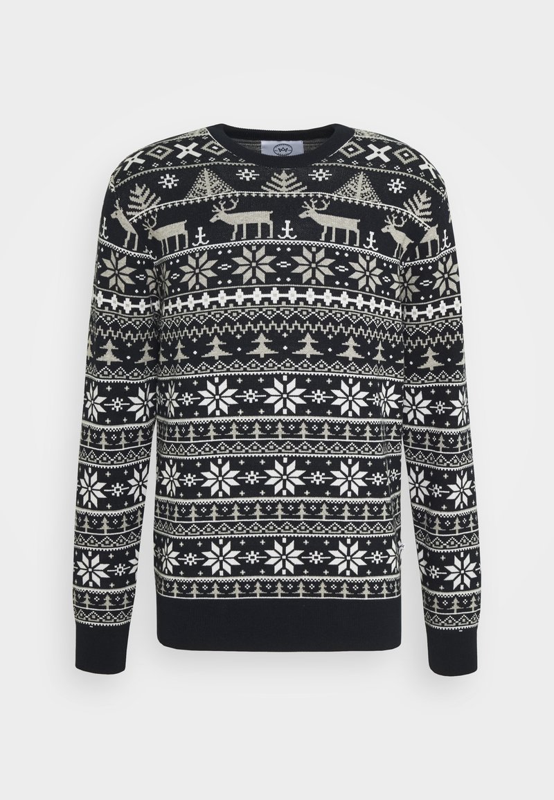 Námořnický modrý svetr s motivem zimních motivů obsahujícím bílé sněhové vločky, soby a stromy. Vyroben z texturovaného pleteného materiálu.