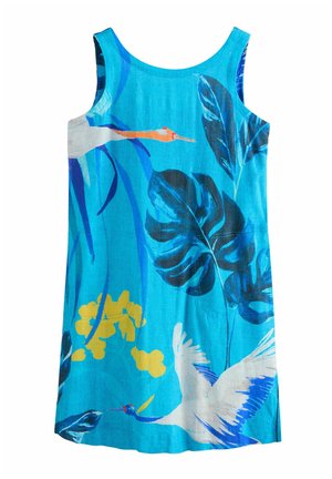 Rochie fără mâneci de culoare albastră, cu motive florale tropicale, inclusiv crâne și frunze, în culori vibrante, cu o textură moale.