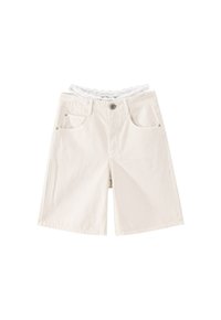 Beige shorts gjorda av bomull med en texturerad spetsmidja. Har två framfickor och en metallknappsstängning. Slät tygfinish.
