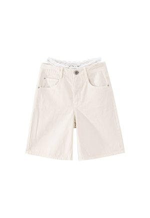 Beige shorts made of cotton with a textured lace waistband. Features two front pockets and a metal button closure. Smooth fabric finish.