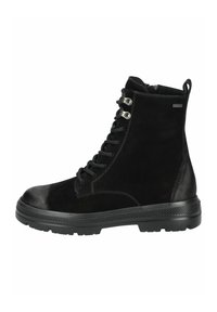 Botas negras hasta el tobillo con una combinación de ante liso y texturizado, cordones en la parte delantera y una suela de goma resistente con un diseño de patrón.
